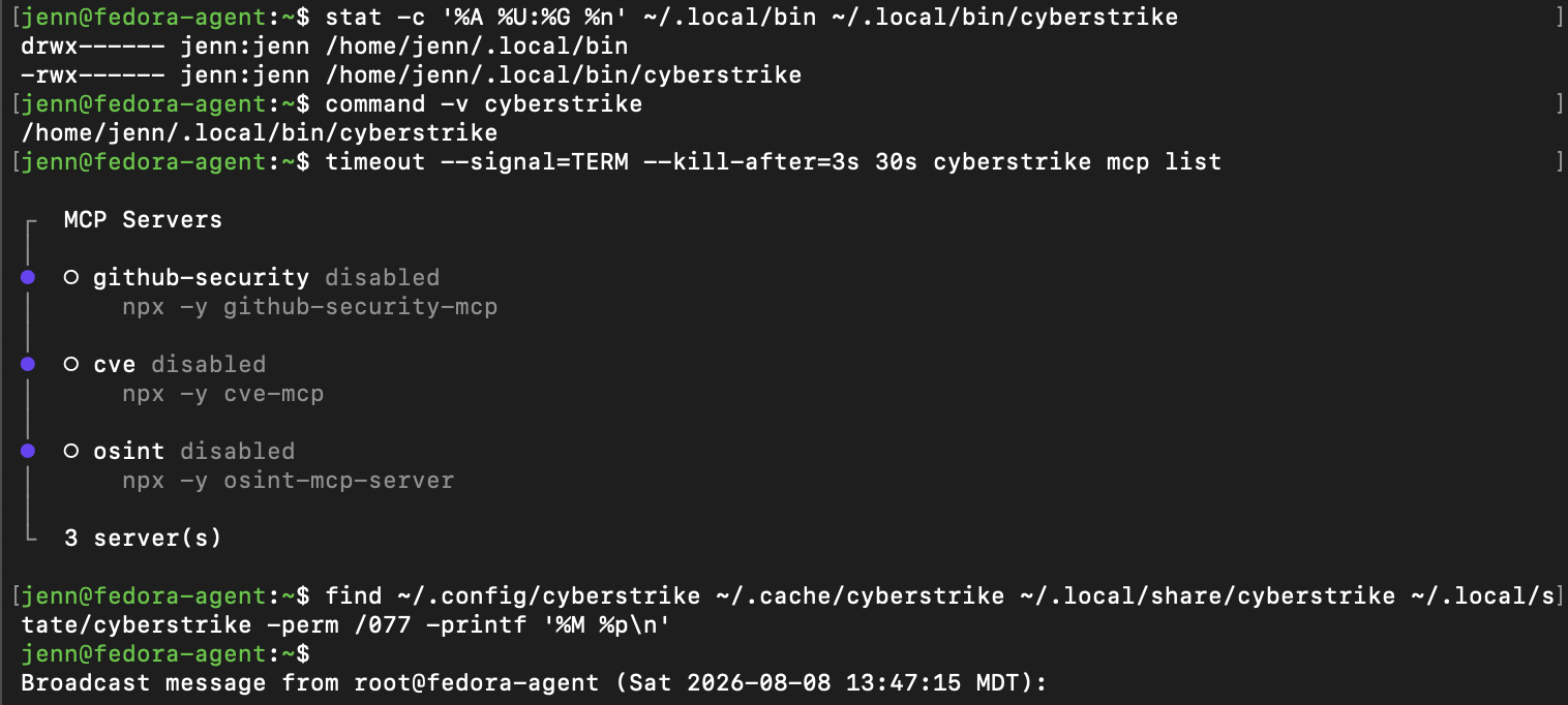 Fedora terminal validating CyberStrike permissions, command resolution, and three disabled MCP server integrations