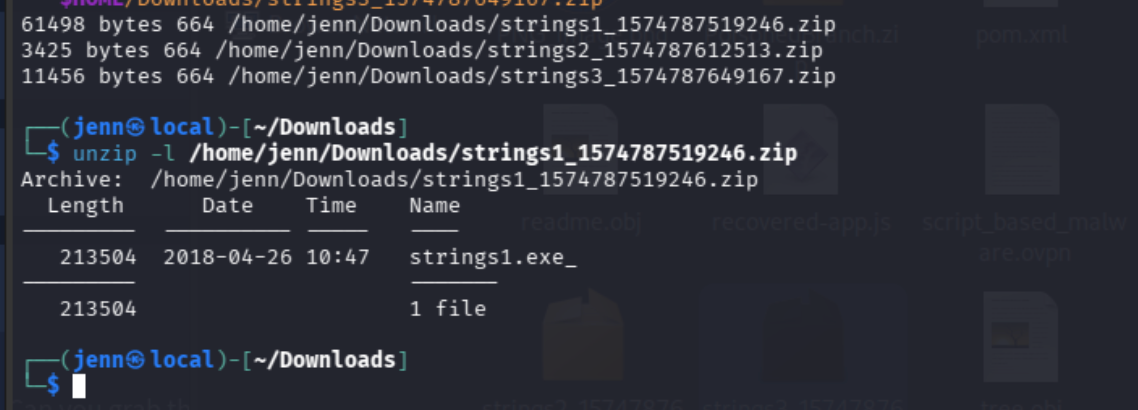 Challenge 1 archive listing showing strings1.exe_ and its uncompressed size