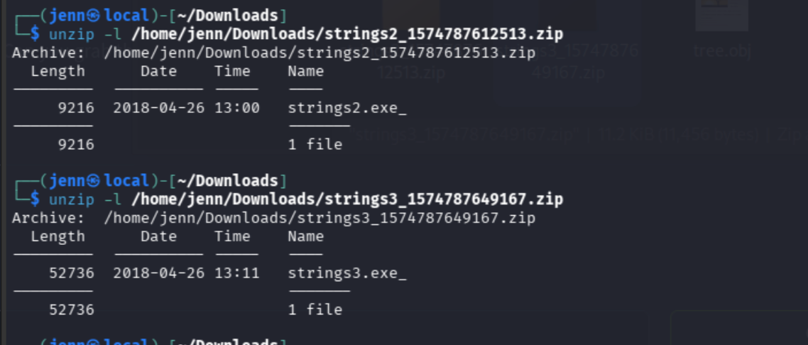 Archive listings for Challenges 2 and 3 showing their executable sample sizes