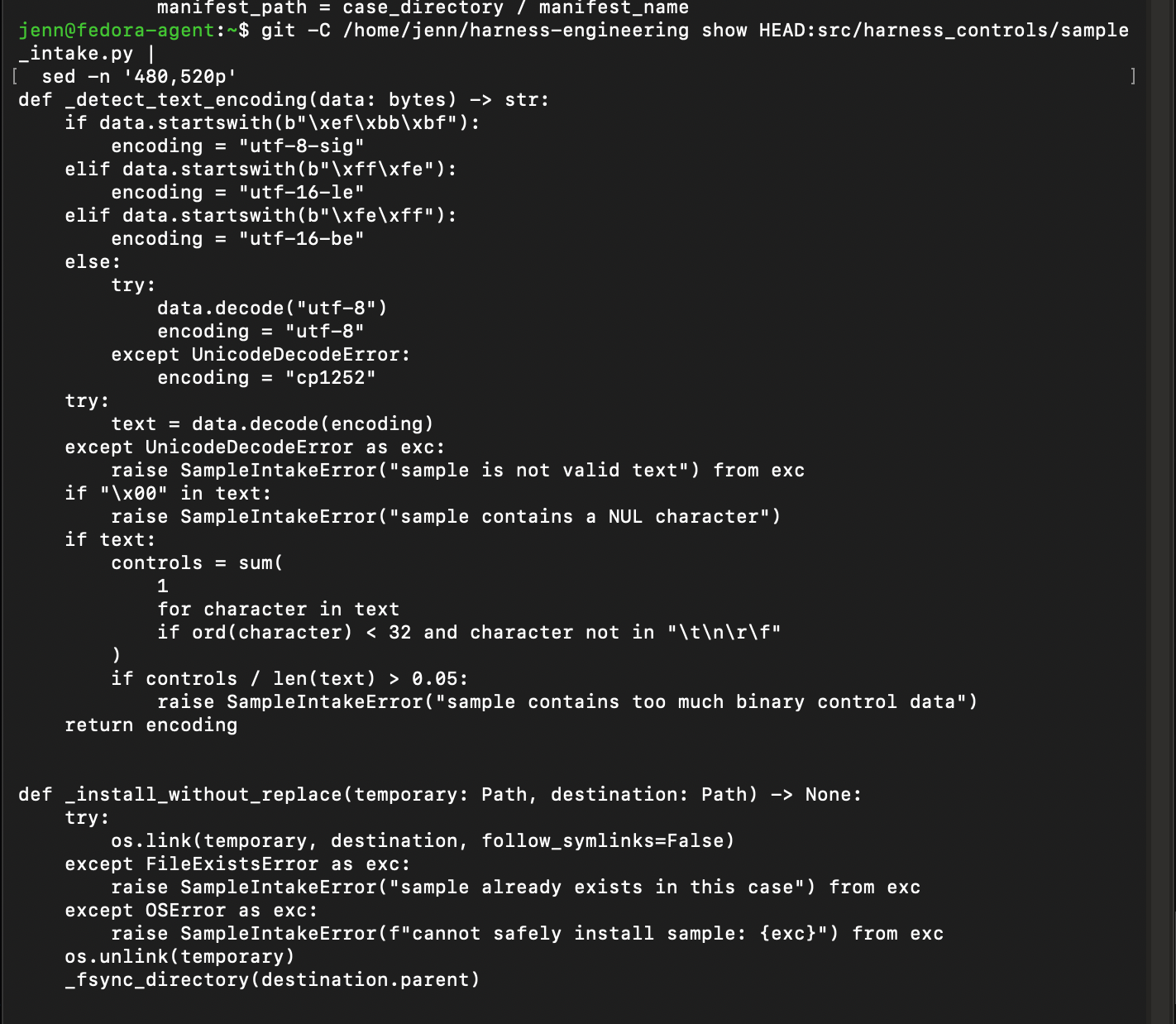 Sample intake code showing why Windows executable samples would be rejected