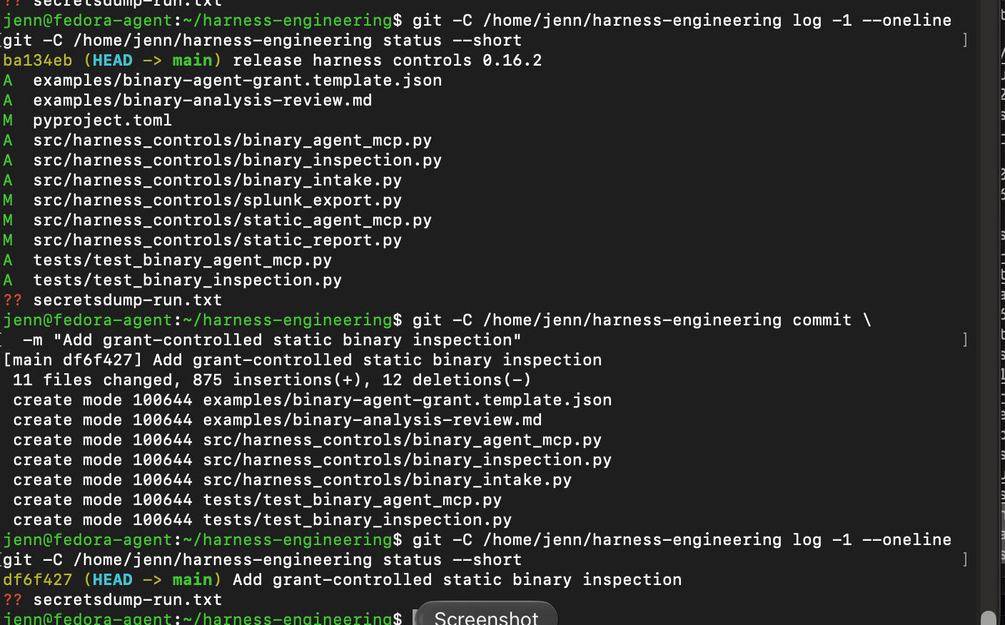 Git status showing the binary inspection patch committed and a clean tracked worktree