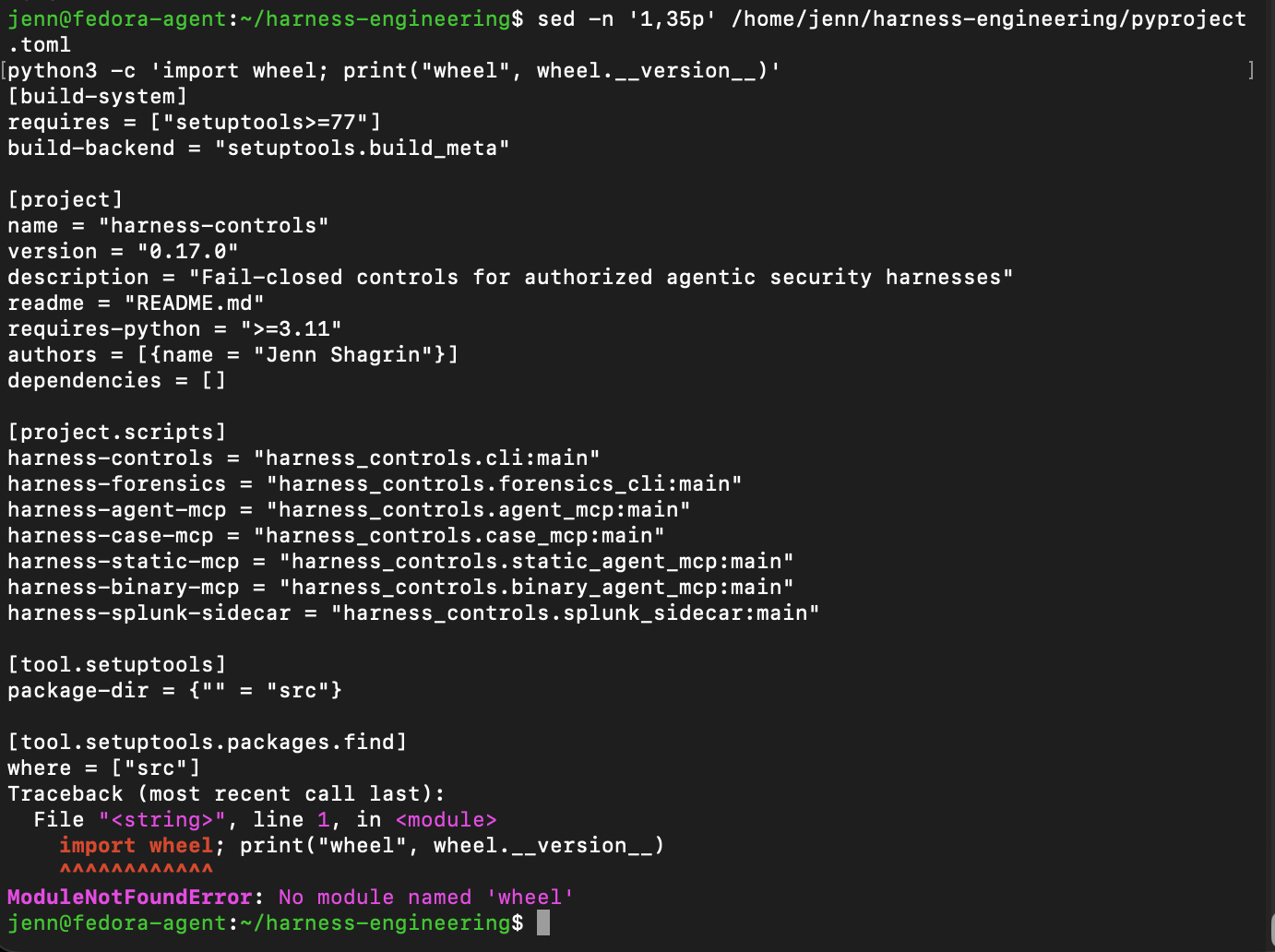 Project metadata showing version 0.17.0 and the harness-binary-mcp command