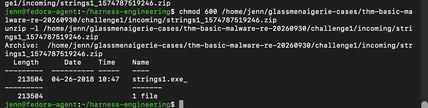 Challenge 1 archive permissions, hash, and contents verified on Fedora