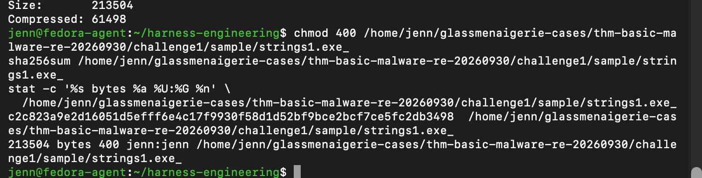 Challenge 1 executable marked read only with its SHA-256 hash recorded