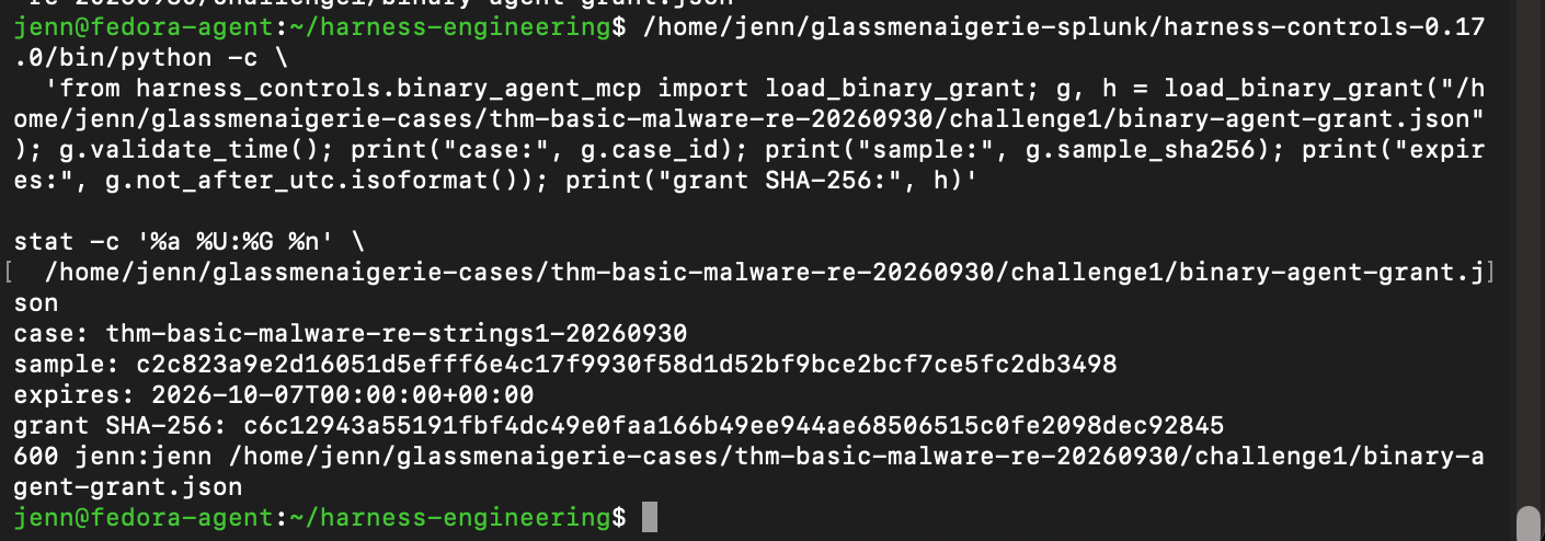 Validated Challenge 1 grant showing its sample hash, expiration, and private permissions
