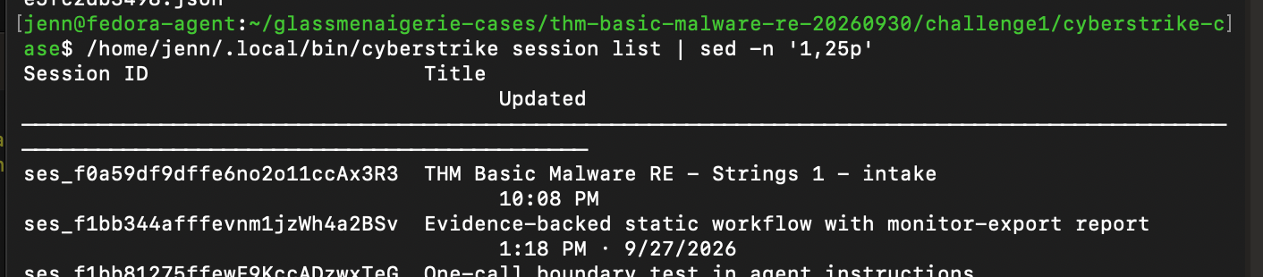 CyberStrike session list showing the Challenge 1 Harnestia session