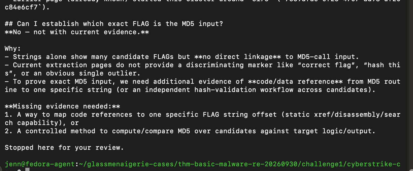 Harnestia stopping for review because the evidence did not yet prove the MD5 input