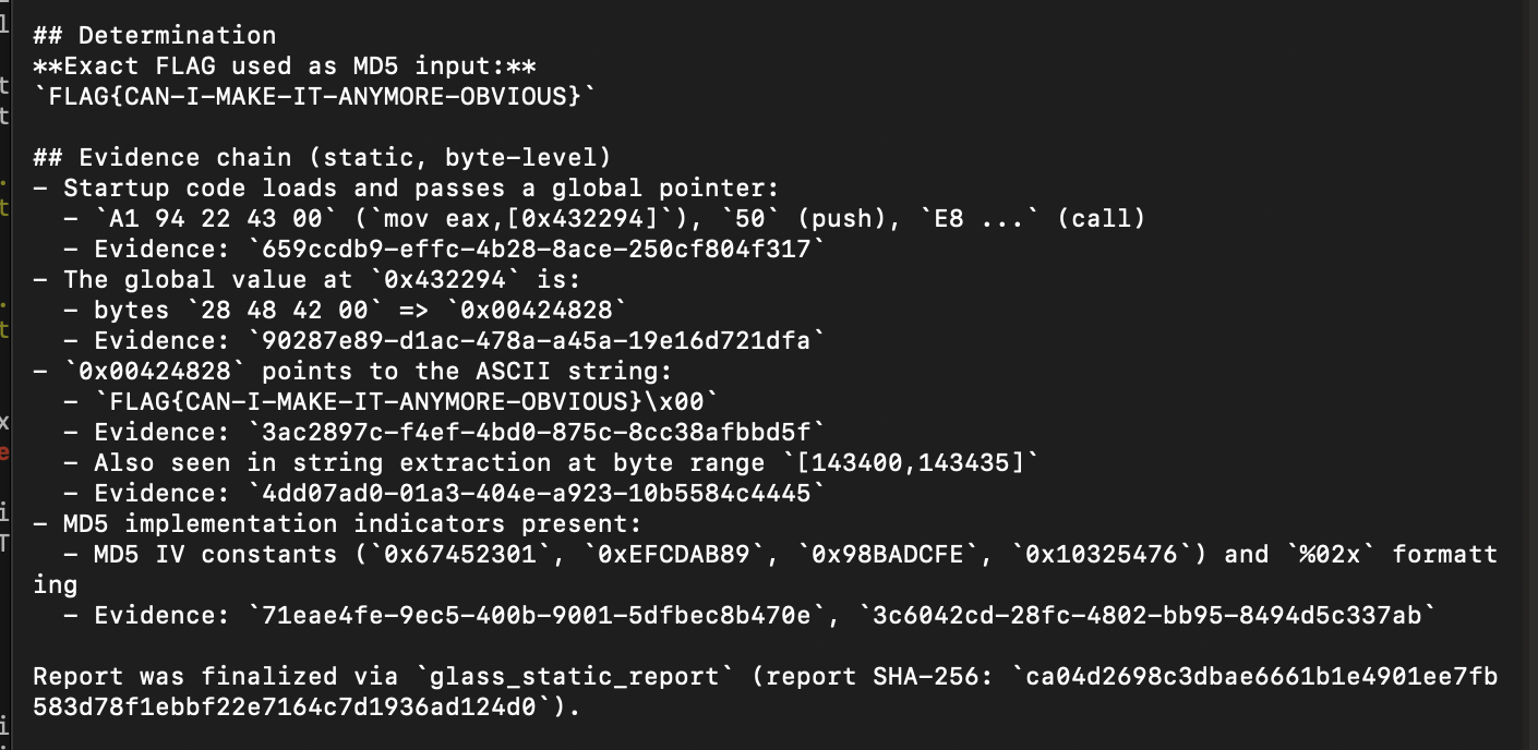 Harnestia report identifying the exact Challenge 1 flag through pointer and MD5 evidence