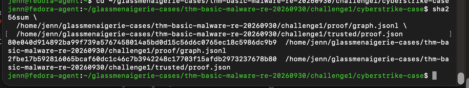 SHA-256 hashes recorded for the Challenge 1 proof files