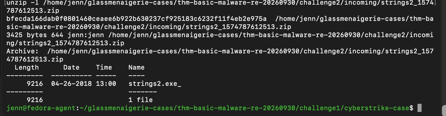 Challenge 2 archive size, permissions, hash, and contents verified