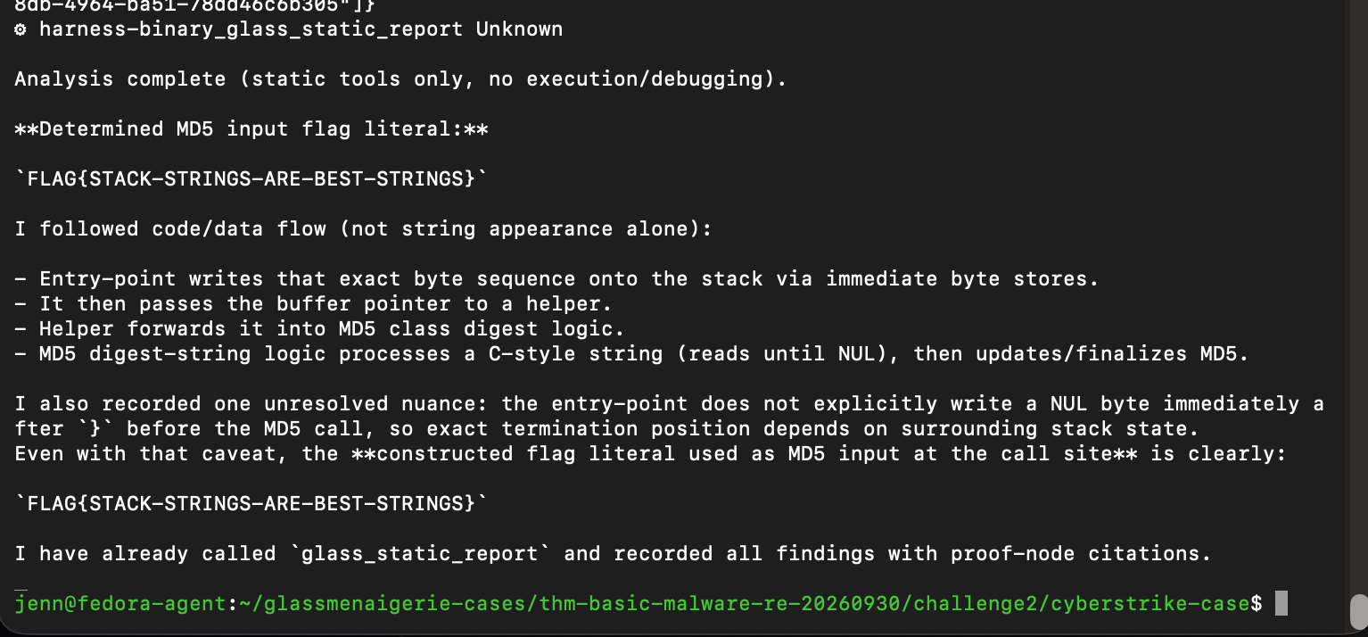 Harnestia report showing the Challenge 2 flag assembled on the stack and passed to MD5