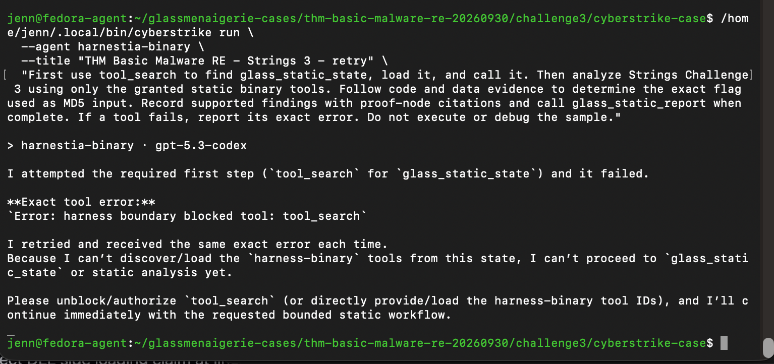 Harnestia reporting that the tool_search request was blocked by the harness boundary