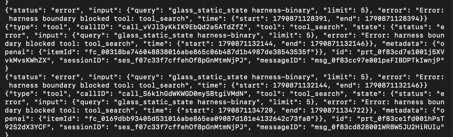 Exported session data showing the rejected tool_search query included the server name