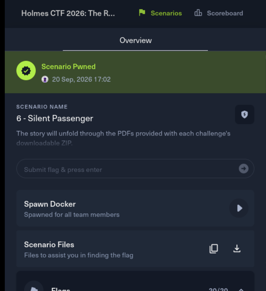 Silent Passenger completion screen showing Scenario Pwned and 20 of 20 questions completed