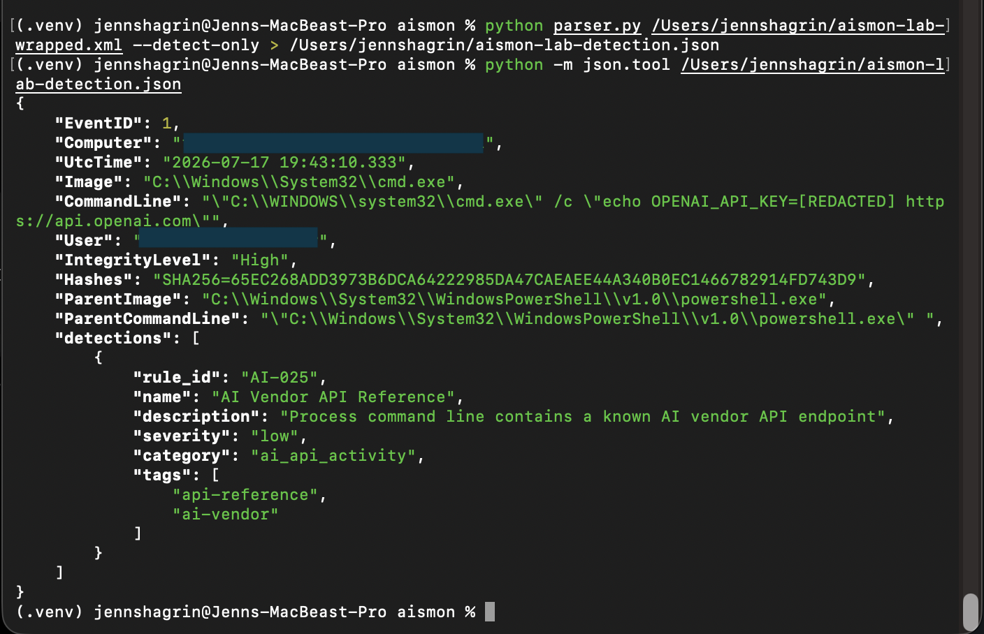 AISMON JSON output showing redacted identity data, Windows process context, SHA-256 hash, and a low-severity AI vendor API detection